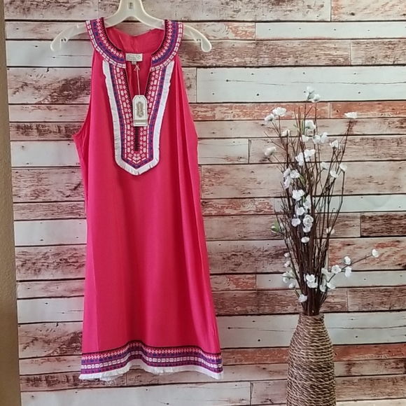 Melon color shift dress with fringe stitching - Picture 2 of 6